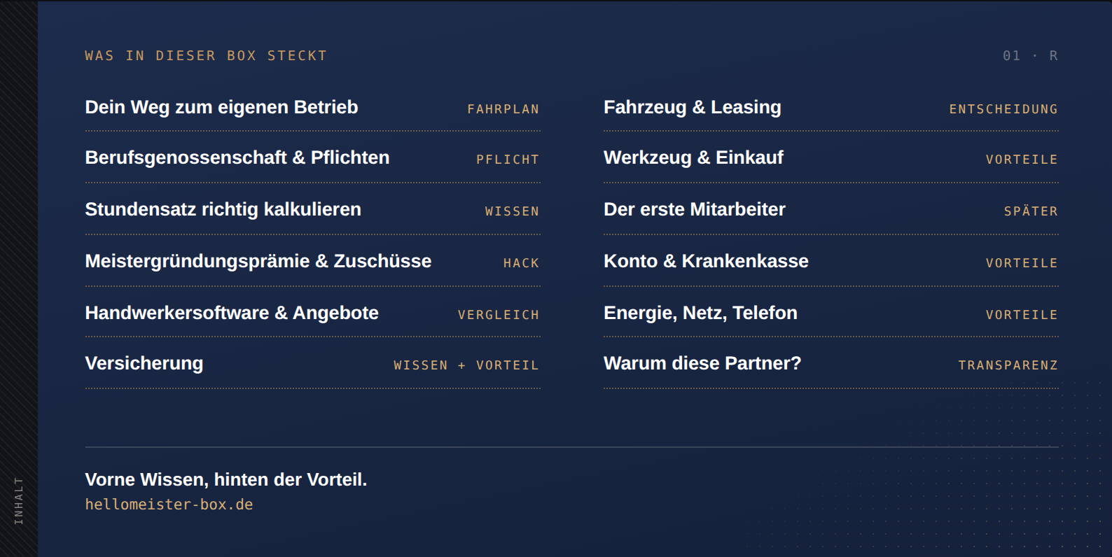 Inhaltskarte der Startbox: Übersicht aller Themen von Fahrplan bis Partnertransparenz.