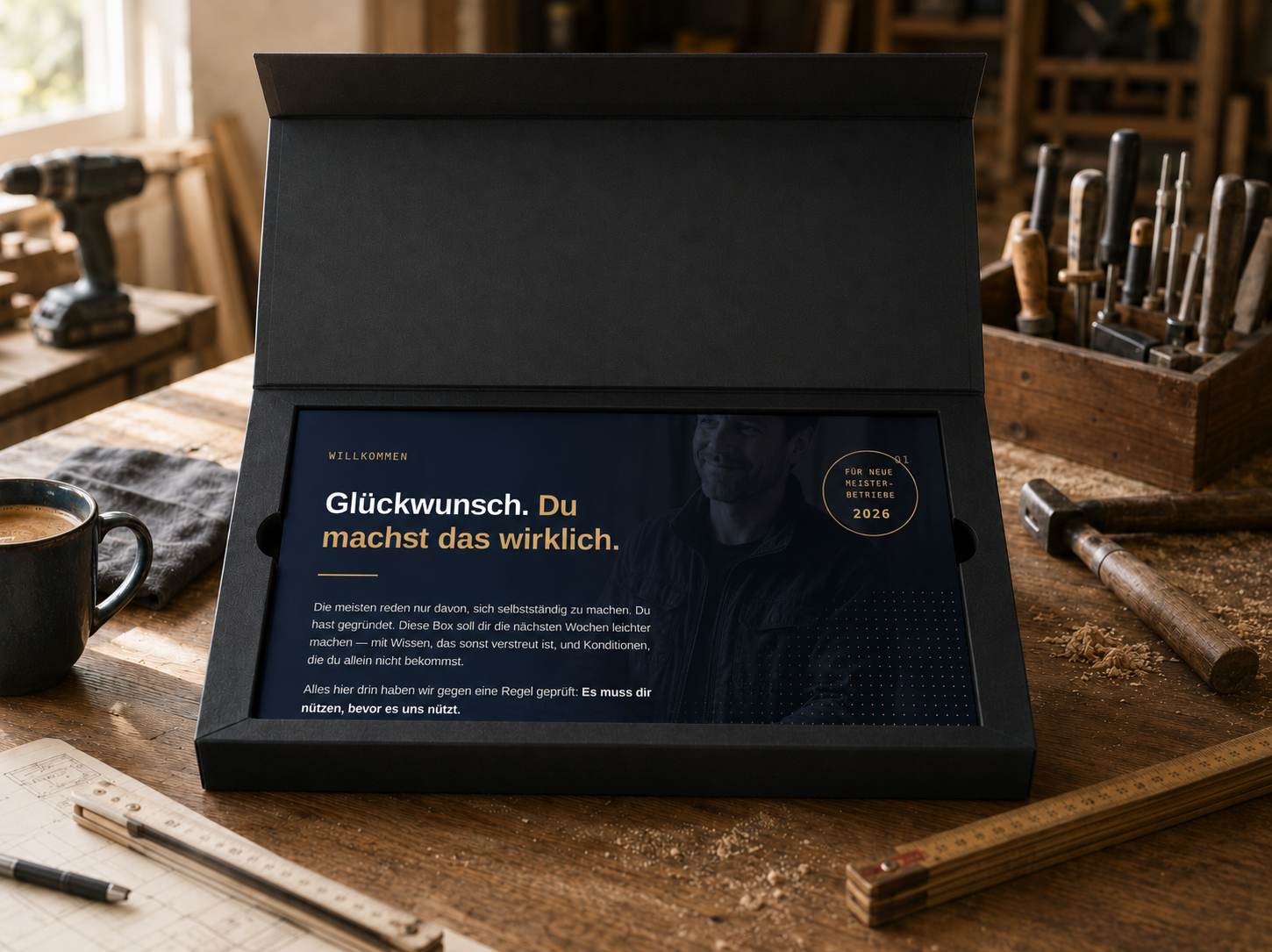 Geöffnete Hello-Meister-Startbox mit Begrüßungskarte.