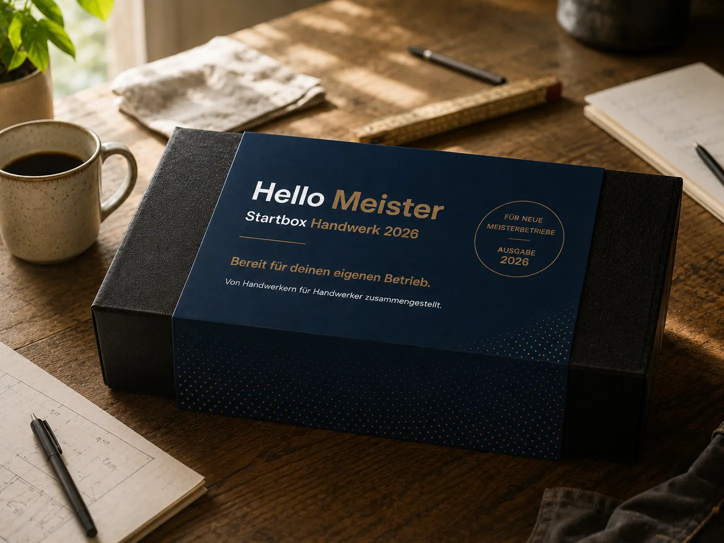 Die geschlossene Hello-Meister-Startbox 2026 auf einem Werktisch.