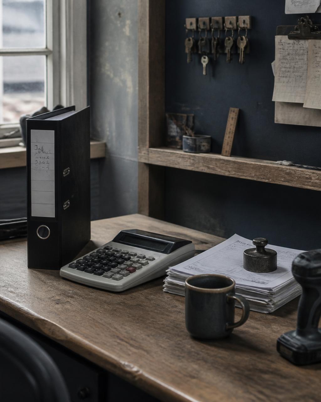 Büro-Ecke im Meisterbetrieb mit Aktenordner und Akkuschrauber.