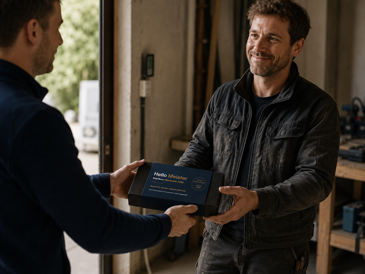 Ein Meister nimmt die Hello-Meister-Box in seiner Werkstatt entgegen.